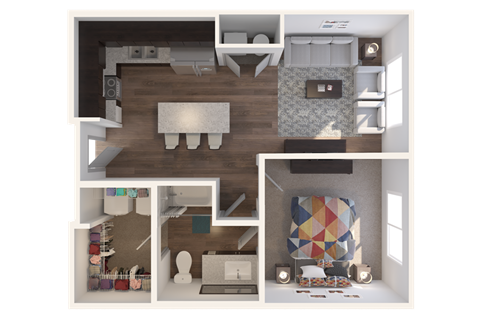 Floor plan for 1 bed, 1 bath, 666 sqft